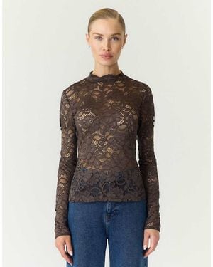Y.A.S Lacey Blusa De Encaje Entallada Con Cuello Alto Y Manga Larga En - Azul