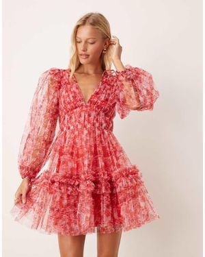 LACE & BEADS Balloon Sleeve Organza Mini Dress - Red