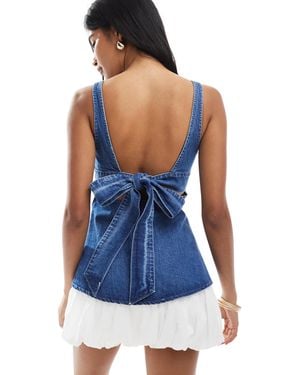 ASOS Denim Peplum Top With Bow Back Detail - Blue