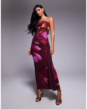 Kaiia Exclusive Double Layered Slinky Mesh Bandeau Tie Side Drape Detail Maxi Dress - Purple