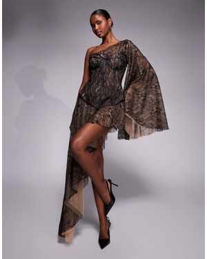 The Dolls House Evangeline Lace One Shoulder Asymmetric Hem Dress - Brown