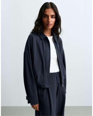 Oysho Pinstripe Piqué Polo Neck Jacket With Cotton - Blue