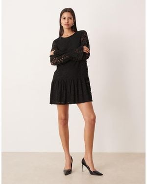 Gina Tricot Long Flute Sleeve Mini Lace Dress - Black