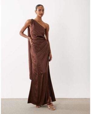 TFNC London Bridesmaid Satin One Shoulder Drape Back Split Detail Maxi Dress - Brown