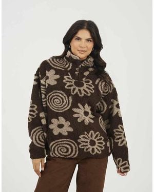 Brave Soul Quarter Zip Flower Print Sherpa Fleece - Brown