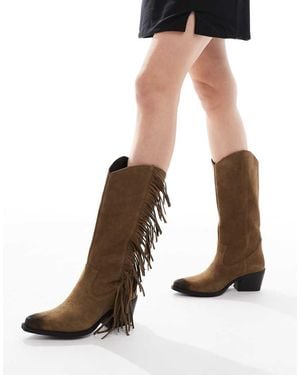 Pull&Bear Boho Tassle Suede Western Boots - Brown