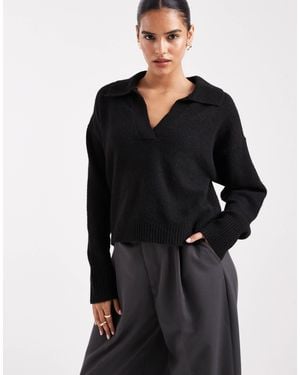 Monki Pull en maille avec col polo et manches longues - Noir