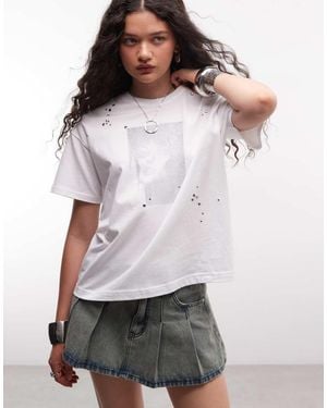 Weekday Graphic Print Oversized T-shirt With Metal Stud Detailing - White