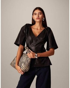 ARRANGE Leather Twist Shoulder Top - Black