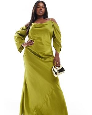 Tfnc Plus Bridesmaids Cowl Cold Shoulder Maxi Dress With Ruched Sleeves - Green