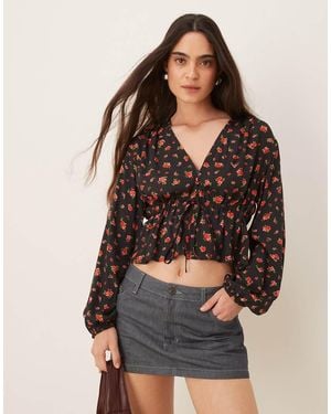 Mango Tie Front Rose Print Blouse - Brown