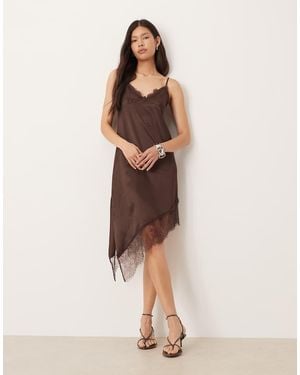 ASOS Satin Lace Trim Asym Hem Maxi Dress - Natural