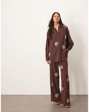 ARRANGE Co-ord Embellished Diamante Fringe Spot Wide Leg Trouser - Brown