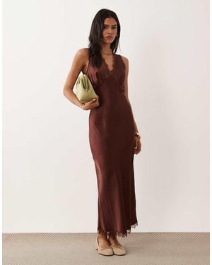 New Look Lace Trim Satin Midi Dress - Brown
