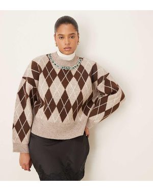 ASOS Asos Design Curve Argyle Embellished Neck Jumper - Natural