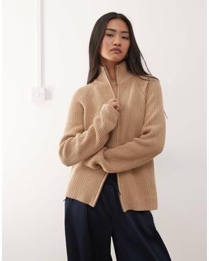 Monki Ribbed Knitted Two Way Zip Cardigan - Natural