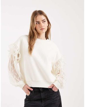Miss Selfridge Sweatshirt With Lace Sleeves - White