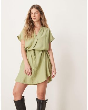 Vila Short Sleeve Tie Waist Notch Neck Mini Dress - Green