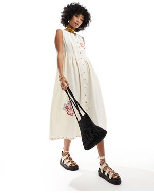 Native Youth Embroidered Detail Button Through Linen Midi Dress - White