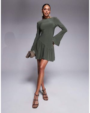 ASOS Long Sleeve Mini Dress With Shaped Hem Detail And Flippy Skirt - Grey