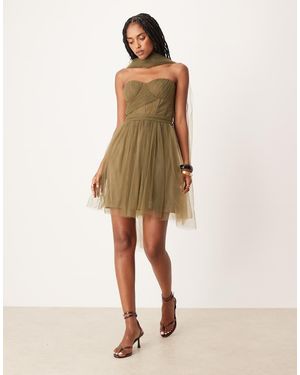 LACE & BEADS Scarf Neck Corset Tulle Mini Dress - Natural
