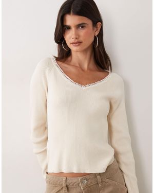 Miss Selfridge Ribbed Knit Lace Trim V Neck Fitted Top - Natural