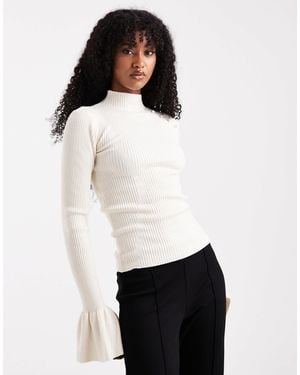 The Frolic Exclusive Ribbed Knit Pearl Detail Flare Sleeve Sweater - White