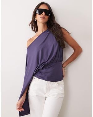 ASOS Slash Neck Cinch Waist Top With Cape One Sleeve Detail - Purple