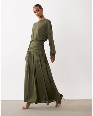 DASKA Lightweight Ruched Drop Waist Drape Detail Maxi Dress - Green