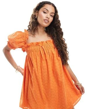 Miss Selfridge Broderie Smock Dress - Orange