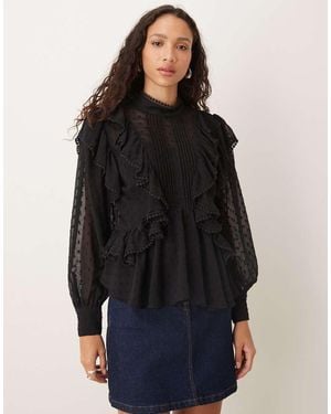 ASOS Ruffle And Embroidery Detail Long Sleeve Blouse - Black