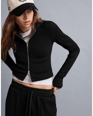 Bershka Zip Up Modal Blend Hoodie - Black