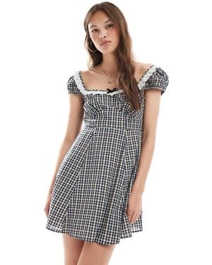New Look Broderie Trim Check Mini Dress - Blue