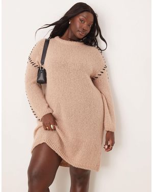 Vila Curve Knitted Jumper Mini Dress With Contrast Stitch - Natural
