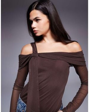 ASOS Mesh Knot Detail Bardot Top - Purple