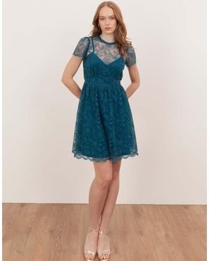 Lovedrobe Floral Lace Short Sleeve Mini Dress - Blue