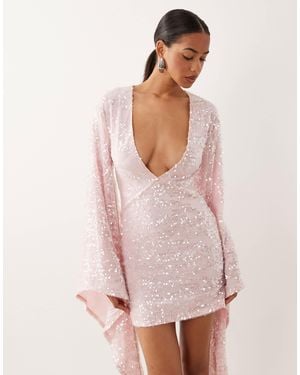 ASOS Sequin Plisse Batwing Mini Dress With Ruching Detail - Pink