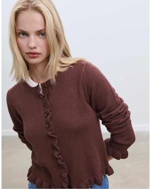 Stradivarius Knit Cardigan With Buttons And Ruffles - Brown