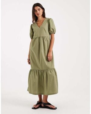 Threadbare Poplin V Neck Puff Sleeve Midi Dress - Green