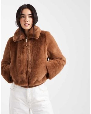 New Look Faux Fur Zip Up Jacket - Brown