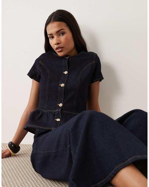 Miss Selfridge Denim Short Sleeve Peplum Top - Blue