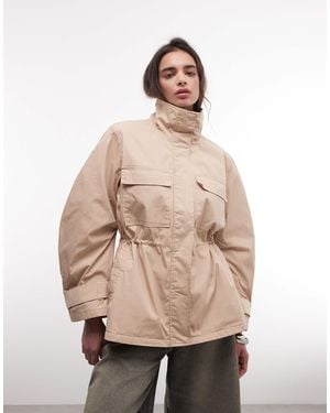 Monki Cinched Waist Parka Jacket With Detachable Fur Collar - Natural