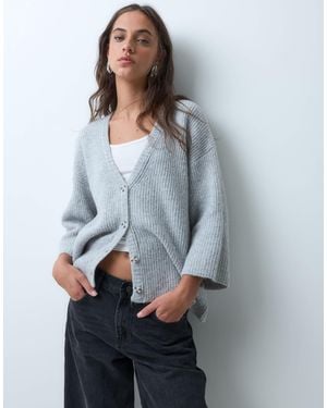 ASOS Ribbed V Neck Cardigan With Wide 3/4 Length Sleeves - Grey