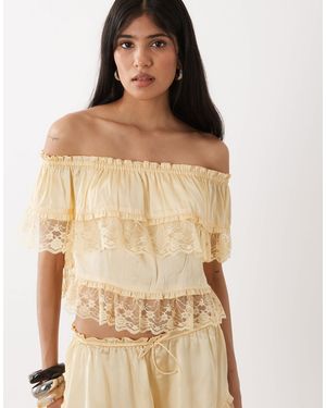 Miss Selfridge Satin And Lace Bardot Top Co-ord - Natural