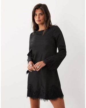 Nobody's Child Kamari Satin Boat Neck Lace Trim Mini Dress - Black