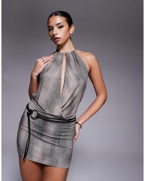 I.AM.GIA Chiva Metal Halterneck Extreme Plunge Open Back Belted Mini Dress - Gray