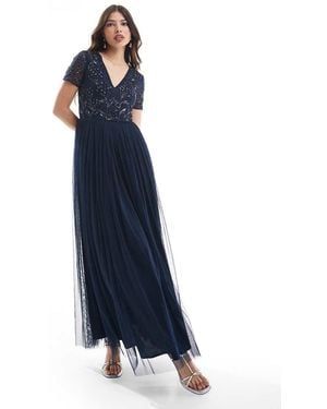 Maya Floral Embellished Short Sleeve V Neck Bridesmaid Maxi Dress - Blue