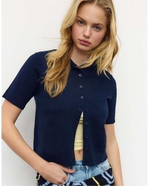 Stradivarius Stand Collar Buttoned Knit Cardigan - Blue