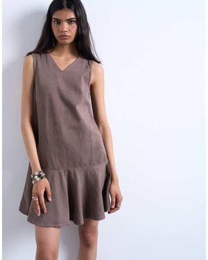 TOPSHOP Denim Mini Jurk Met V-Hals En Peplum - Bruin