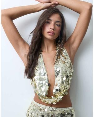Kaiia Top Coordinato Esclusivo Con Paillettes A Disco, Scollo Ad Anello Profondo E Allacciatura Al Collo, Oro - Marrone